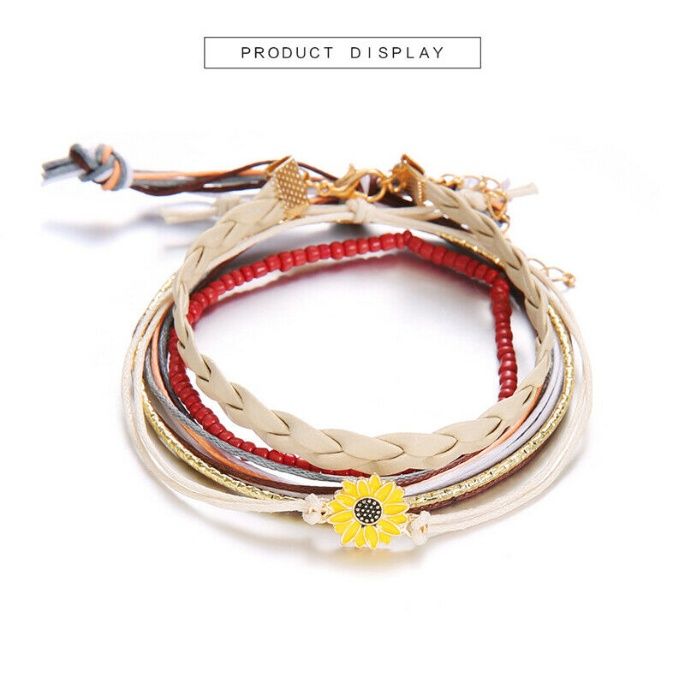 Conjunto 5 Pulseiras Girassol Sunflower Margarida e Tranças |Designer