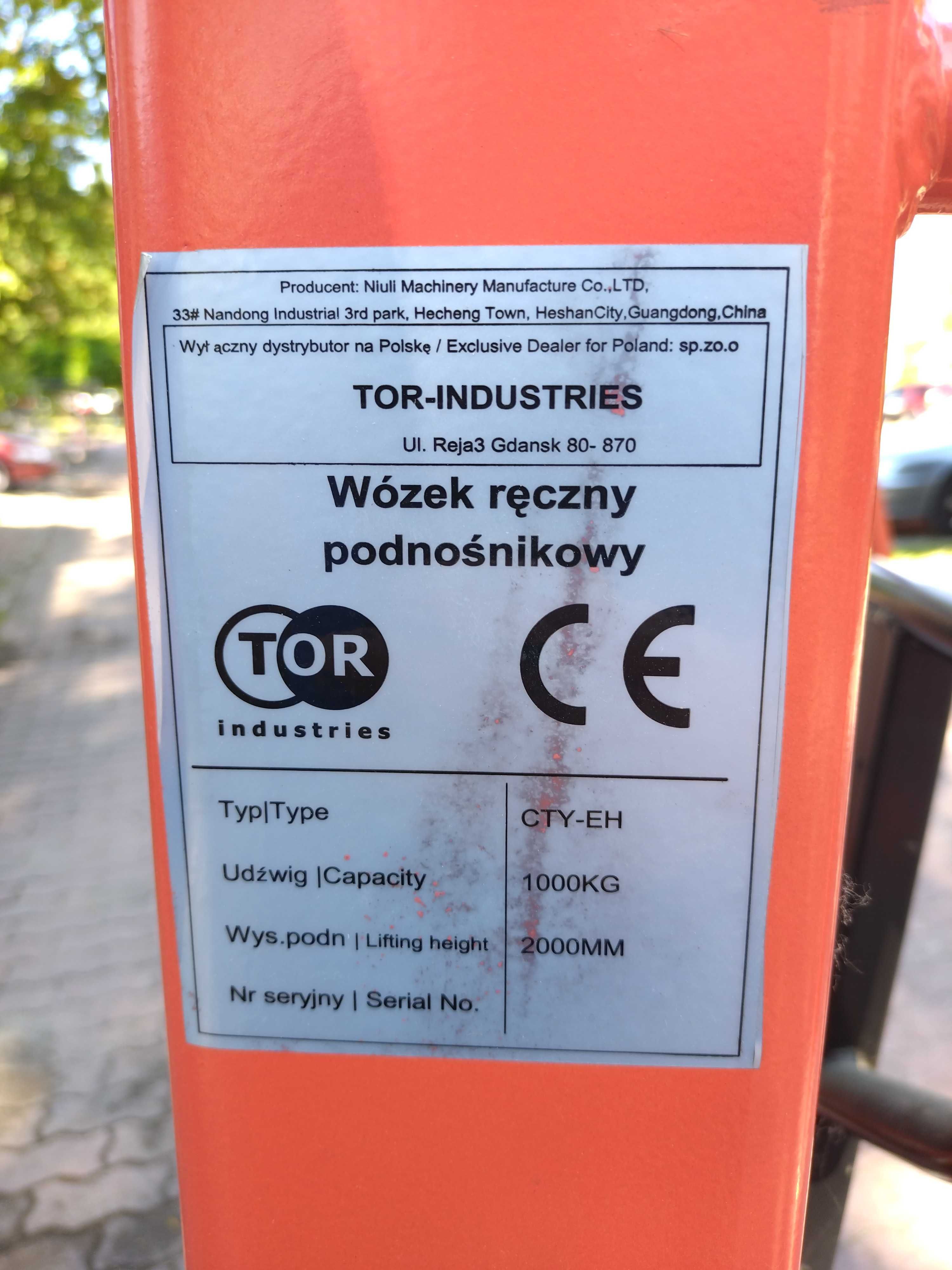 Wózek podnośnikowy ręczny widłowy 1000kg 2m