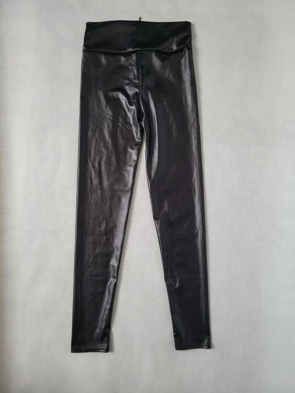 Czarne połyskujące legginsy z zamkiem casual M L 38 40 wysoki stan