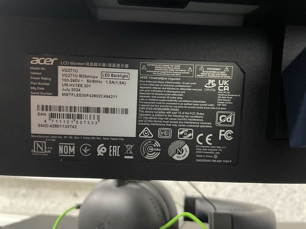 Монітор 27" Acer Nitro VG271UM3bmiipx 2K QHD IPS/180Hz/1ms/8-Bit/HDR10