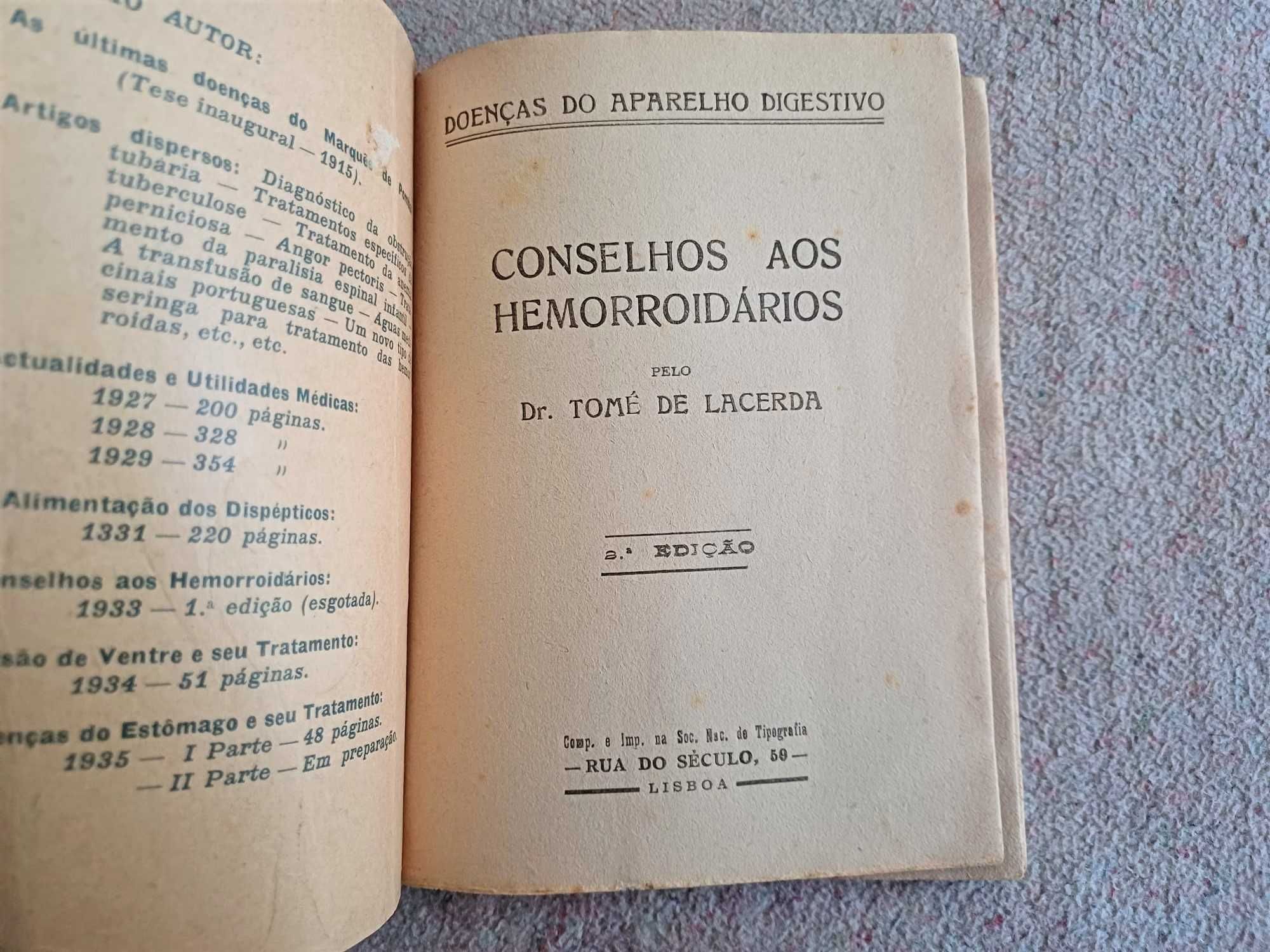 Livro Conselhos aos hemorroidários, Dr. Tomé de Lacerda, 2ª ed, 1930's