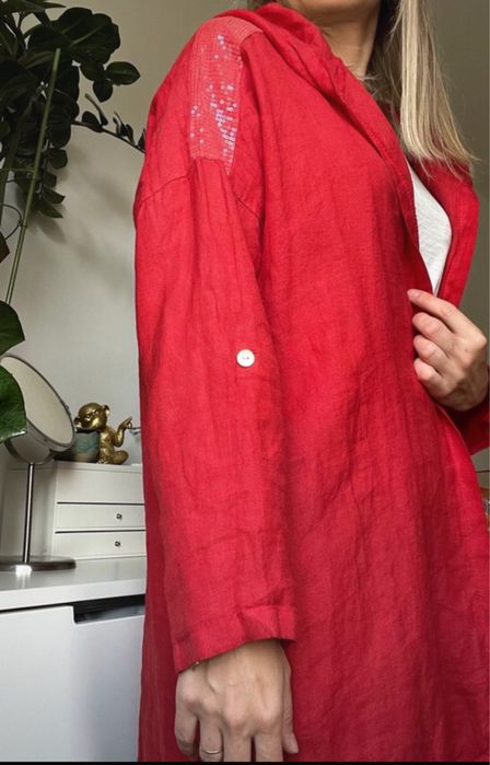 100% len lniana kurtka bluza kardigan czerwona M