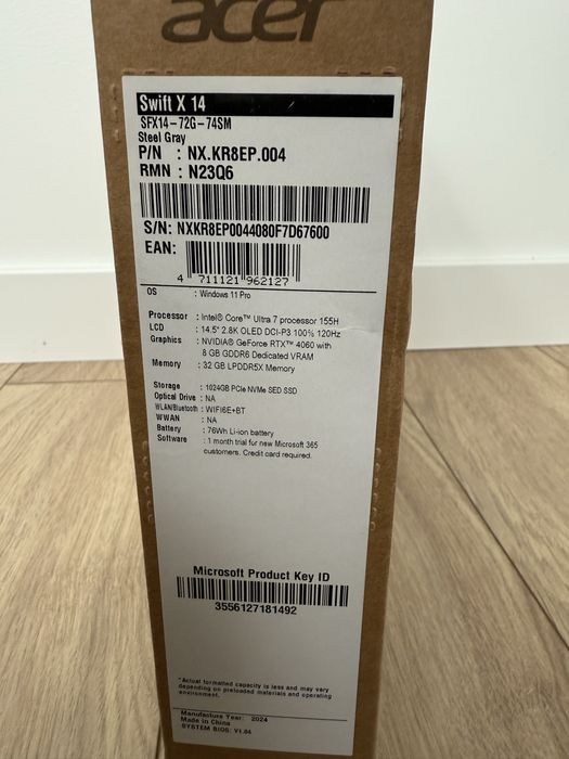 Acer Swift X14, Intel Ultra 7, OLED, 4060, 32GB, 1tb, win