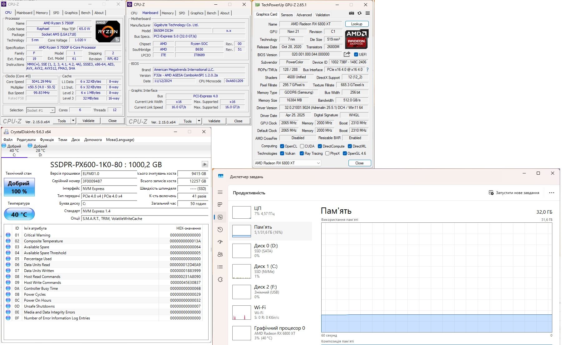 Продам ігровий комп'ютер (Ryzen 5 7500F, RX 6800 XT, 32G, 1T SSD)