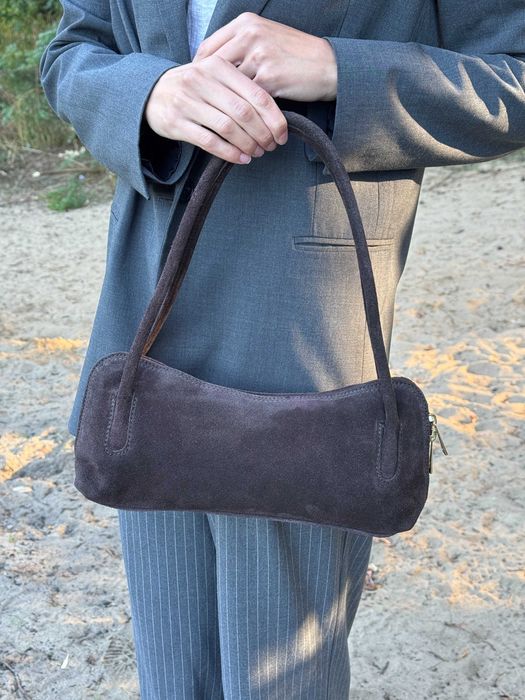 MODNA czekoladowa zamszowa torebka na ramię SKÓRZANA Made In Italy