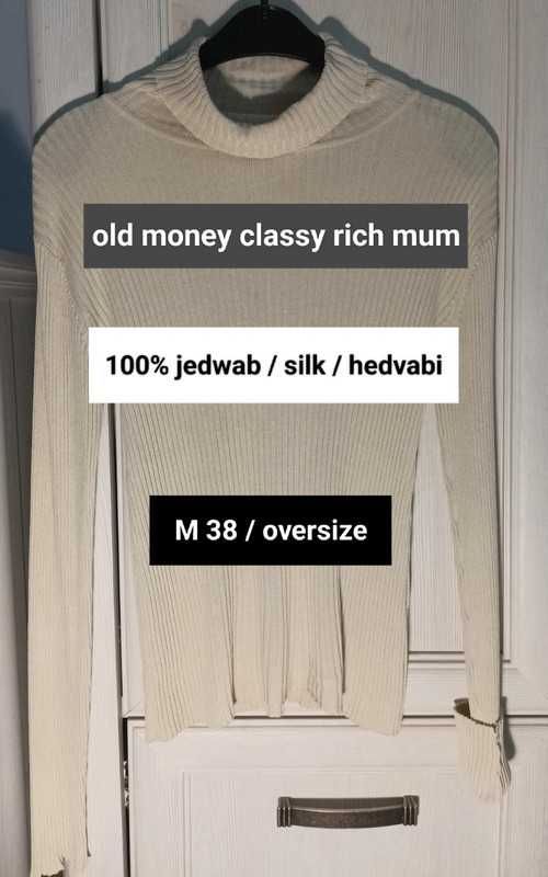 M 38 oversize jedwabny golf vintage 100% jedwab prążek ecru tall klasa