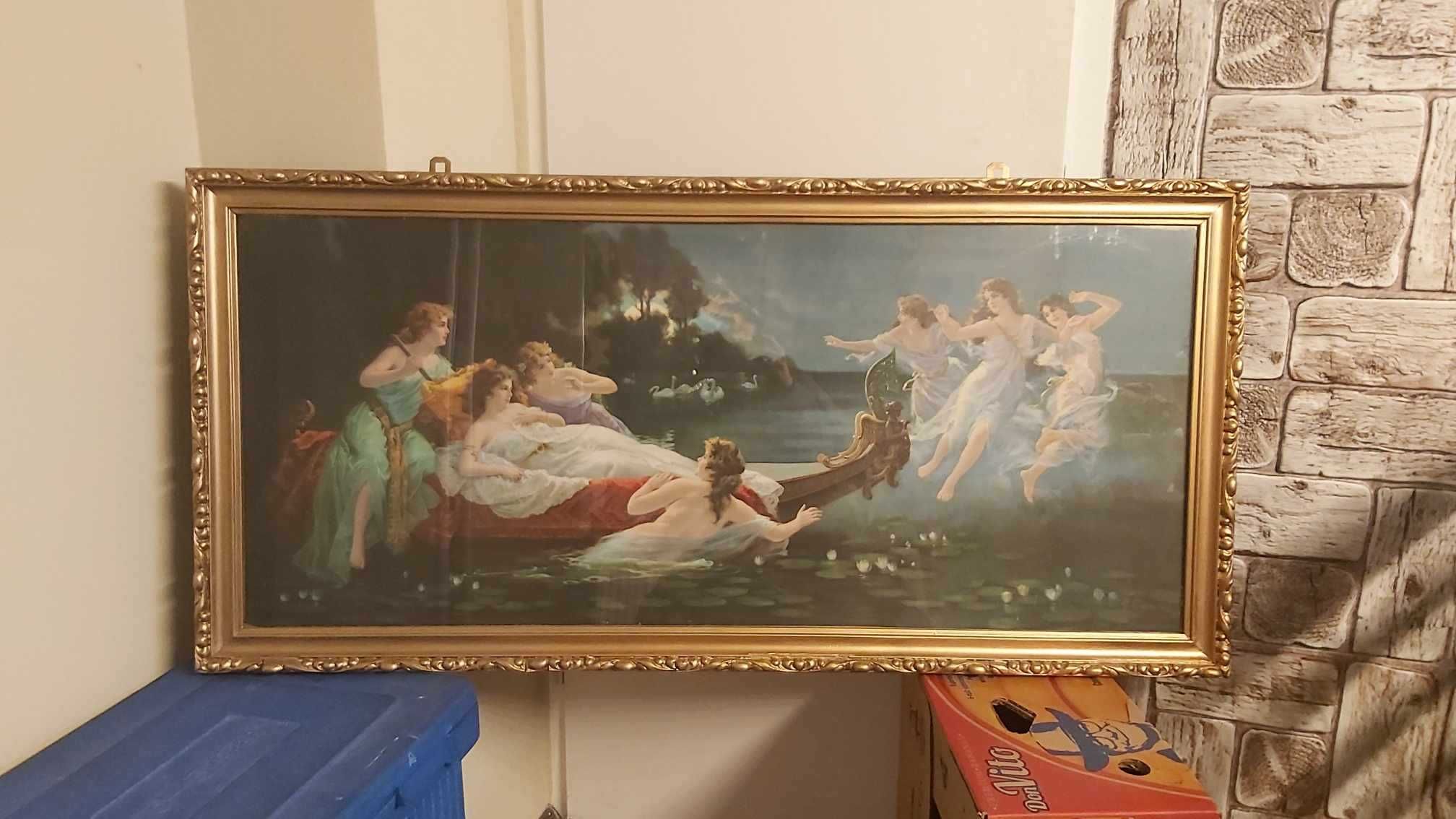 Wielki obraz  "Noc w Wenecji" Łódź Nimf H. Clemensa w drewnianej ramie
