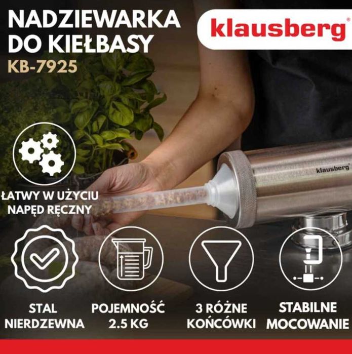 Maszynka do kiełbas 2,5 kg KLAUSBERG – stal nierdzewna, szpryca