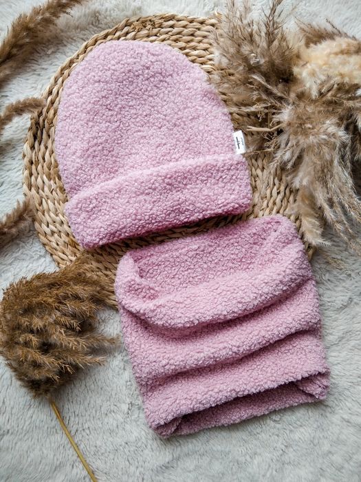 Komplet zimowy baranek pudrowy róż