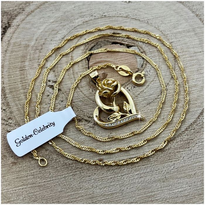 Złoty Łańcuszek Z Serduszkiem + Róża Wieczna Led Biżuteria Na Dzień Ma