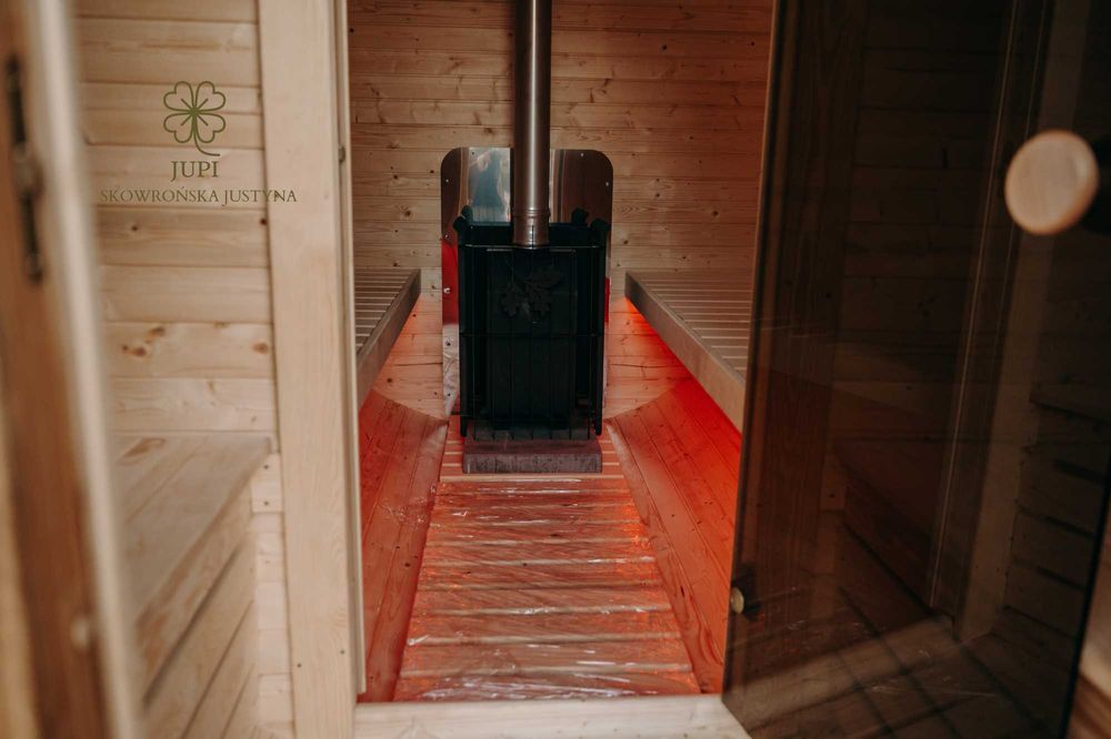 Sauna ogrodowa beczka 340cm z przedsionkiem piecem i oświetleniem LED