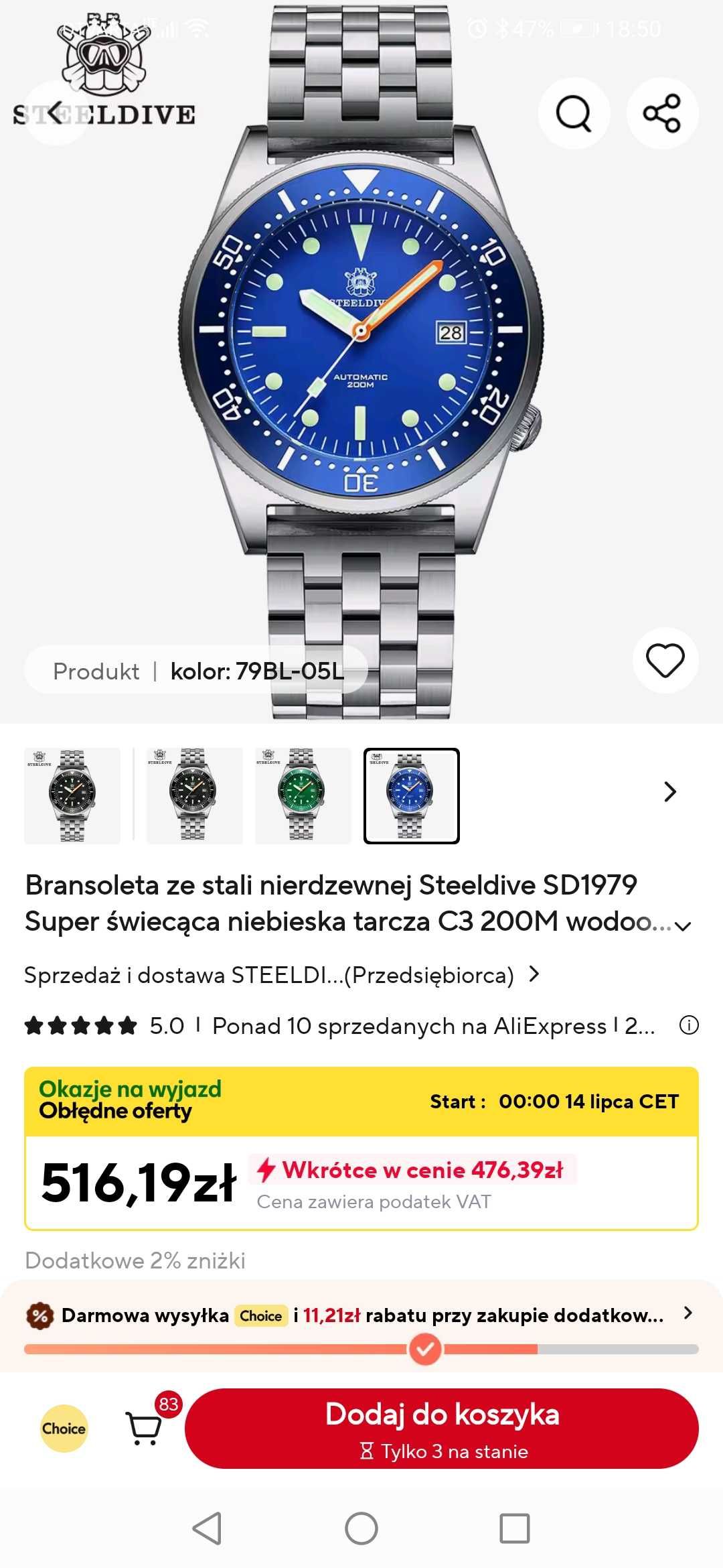 Zegarek męski Steeldive sd1979, diver, jak Squale 1521, automat