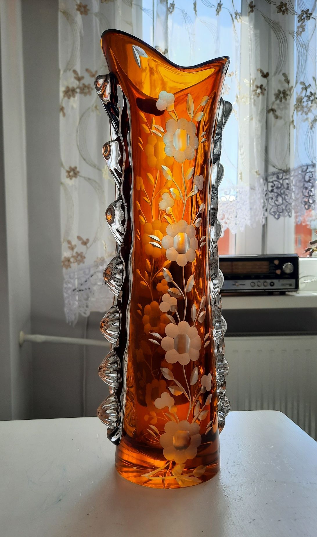 Śliczny, wielki, kryształowy wazon PRL.