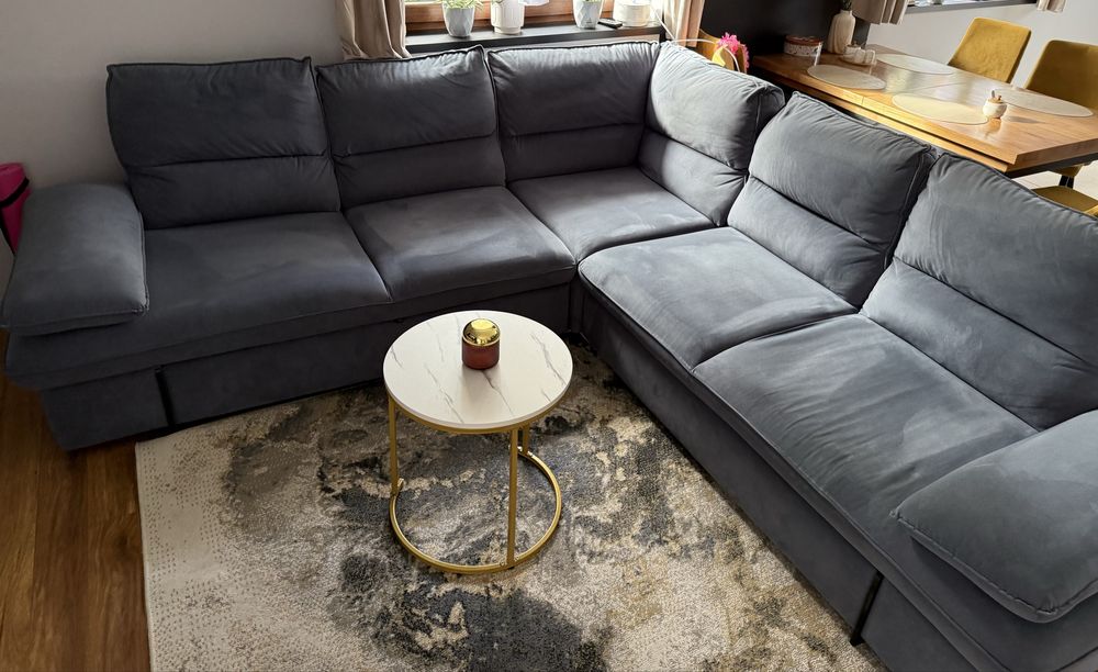 Narożnik granatowy wygodny Agata Schowek funkcja spania