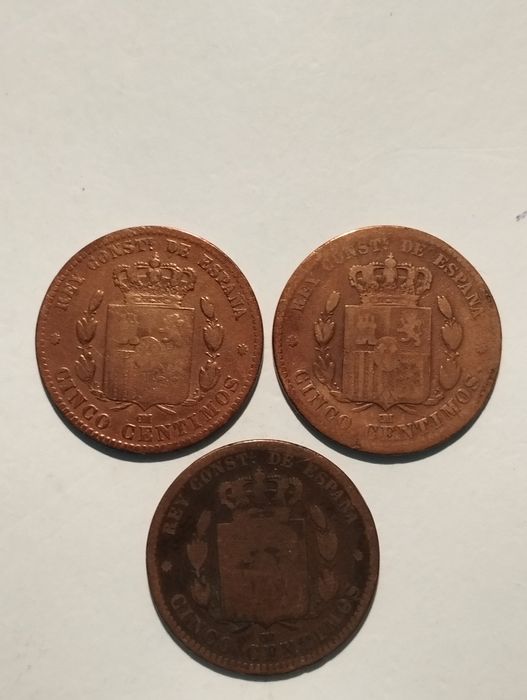 Moedas de 5 Cêntimos de 1870,  1877 e 1879 de Espanha