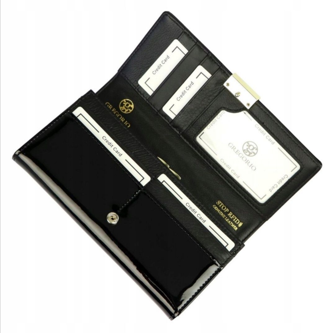 Skórzany duży elegancki damski czarny  portfel Gregorio system RFID