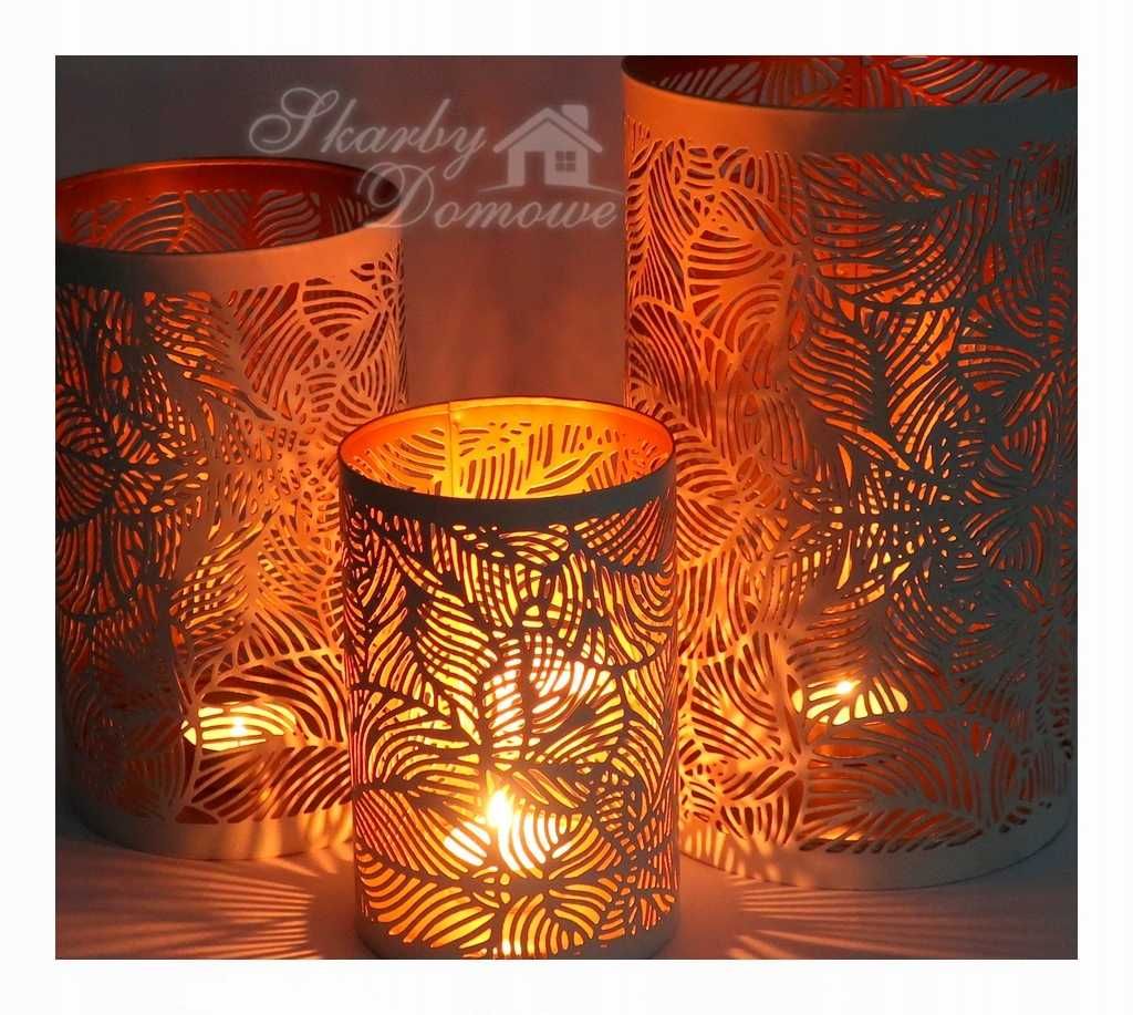 Piękny lampion złote wnętrze 25 cm ażurowy świecznik salon taras