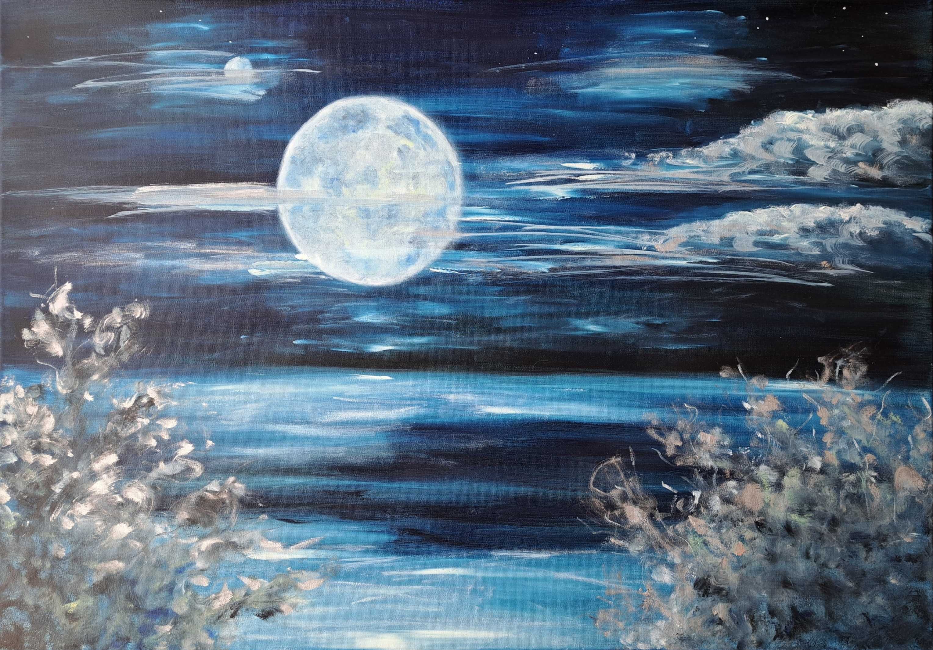 Światło Księżyca obraz olej płótno 70x100 księżyc noc jezioro gratis
