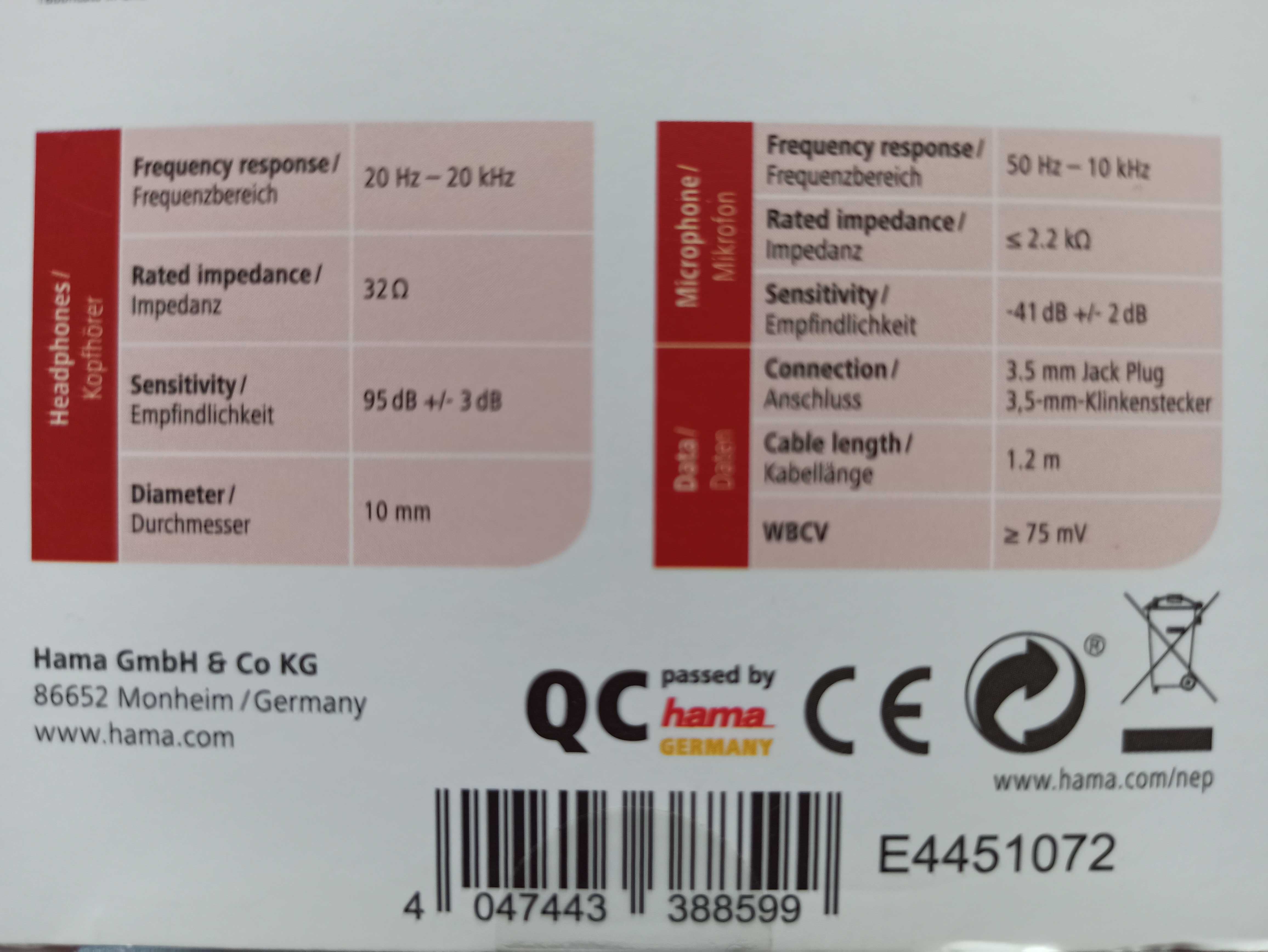 Słuchawki przewodowe douszne Hama 184007 z mikrofonem smart solution