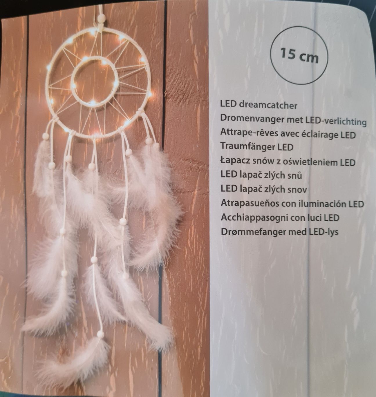 Łapacz snów oświetlenie led 15 cm biały piórka NOWY