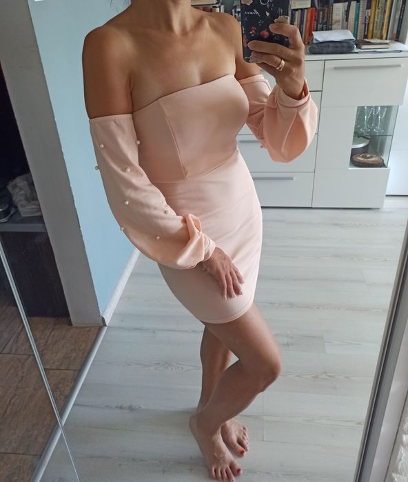 Sukienka seksowna z doczepianymi rękawami bufki perełki 34/XS nowa