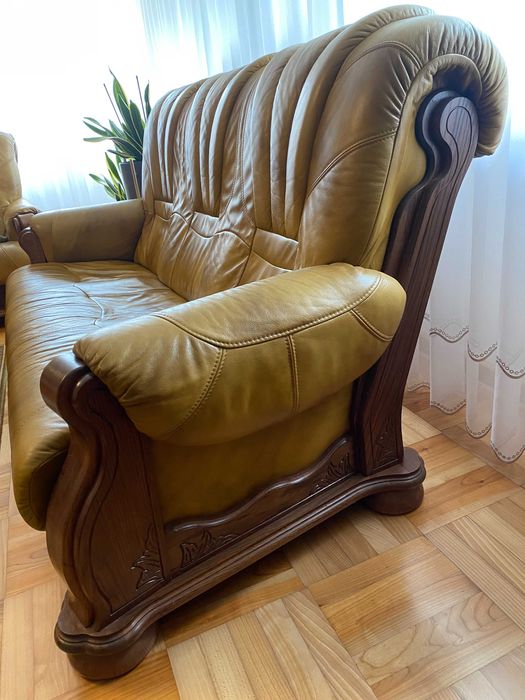 Zestaw wypoczynkowy skóra (1 + 2 +3) dąb + jasny brąz