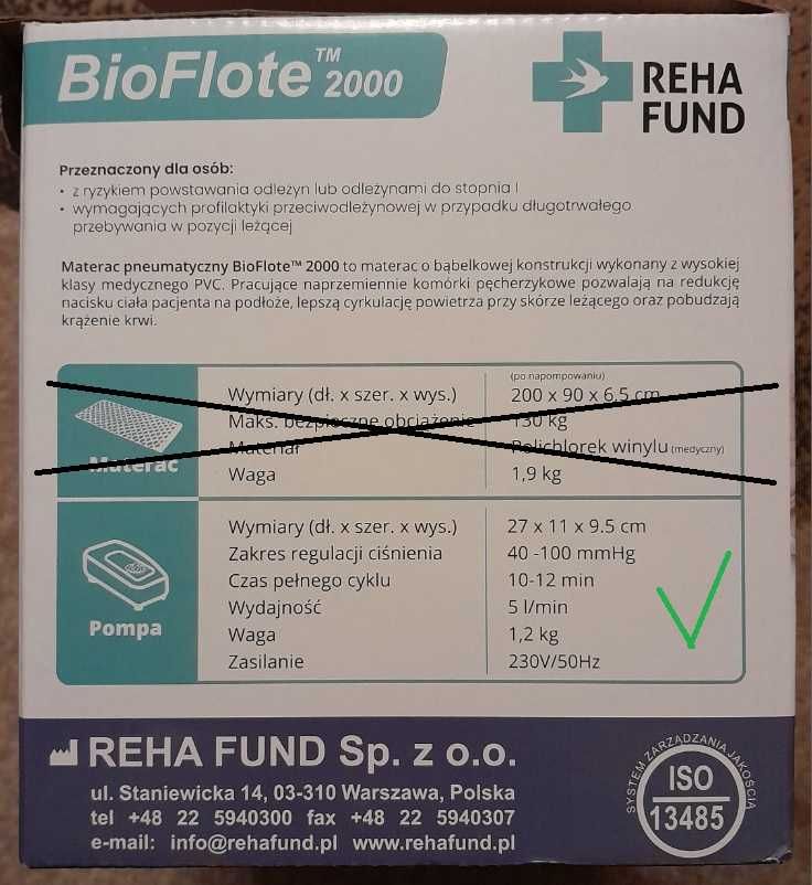 Pompa pneumatyczna do materaca BioFlote 2000 Reha Fund rehab.