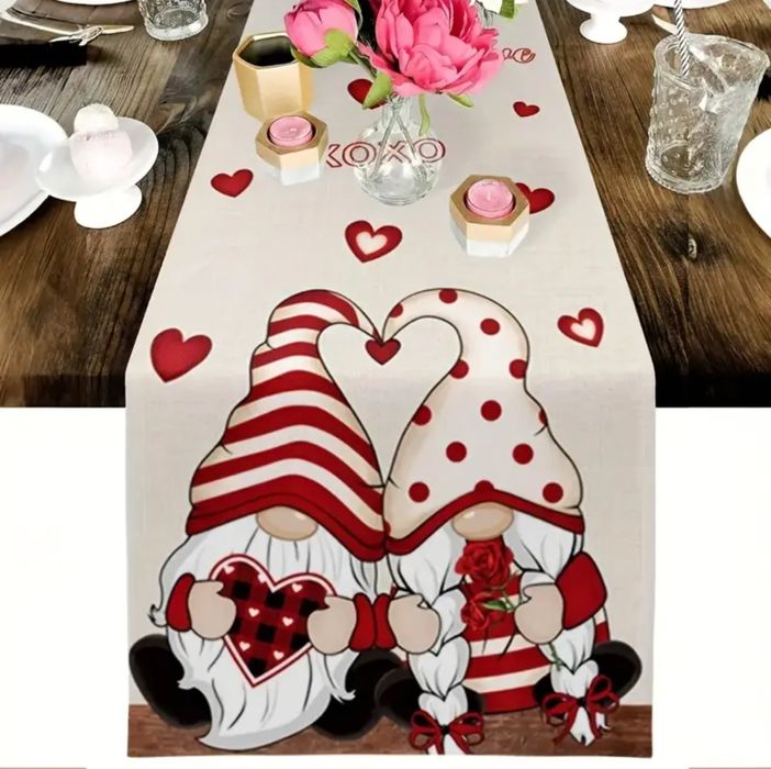 Bieżnik na stół beżowy kremowy czerwony skrzaty 33x183