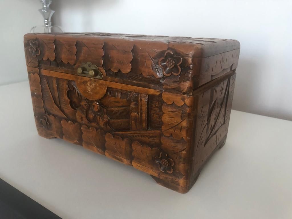 Kuferek szkatułka organizer drewniany rzeźbiony chiński