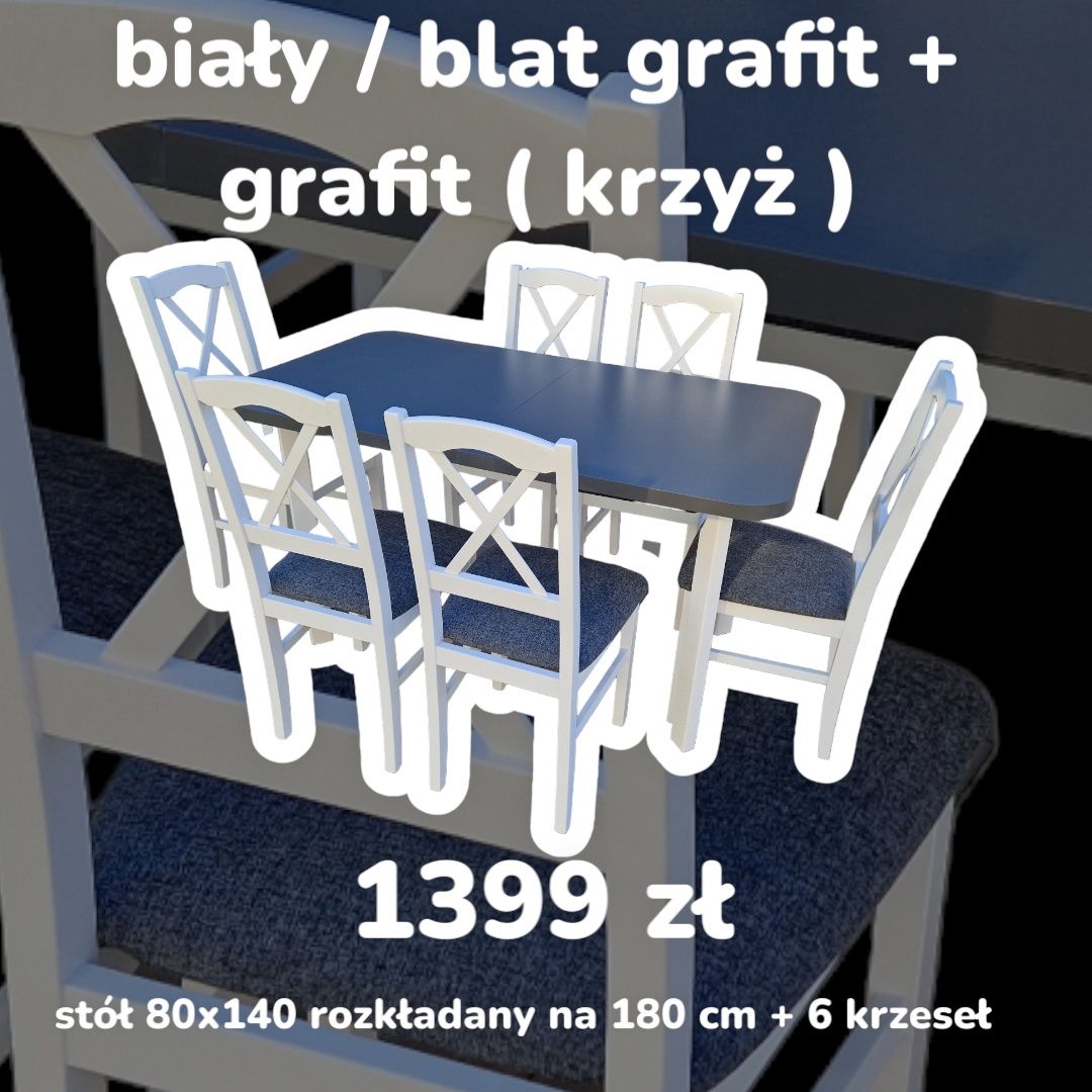 Nowe: Stół 80x140/180 + 6 krzeseł, bialy/blat grafit + grafit ( krzyż)