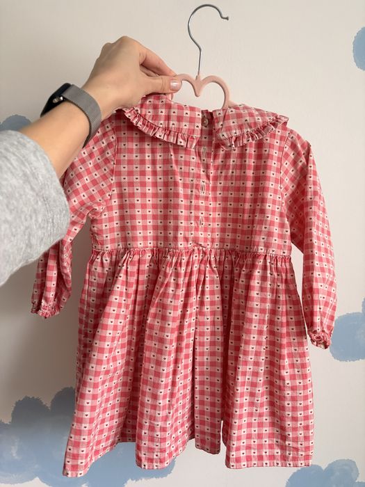 Konges slojd sukienka 92 różowa kratka serca kołnierzyk serduszka