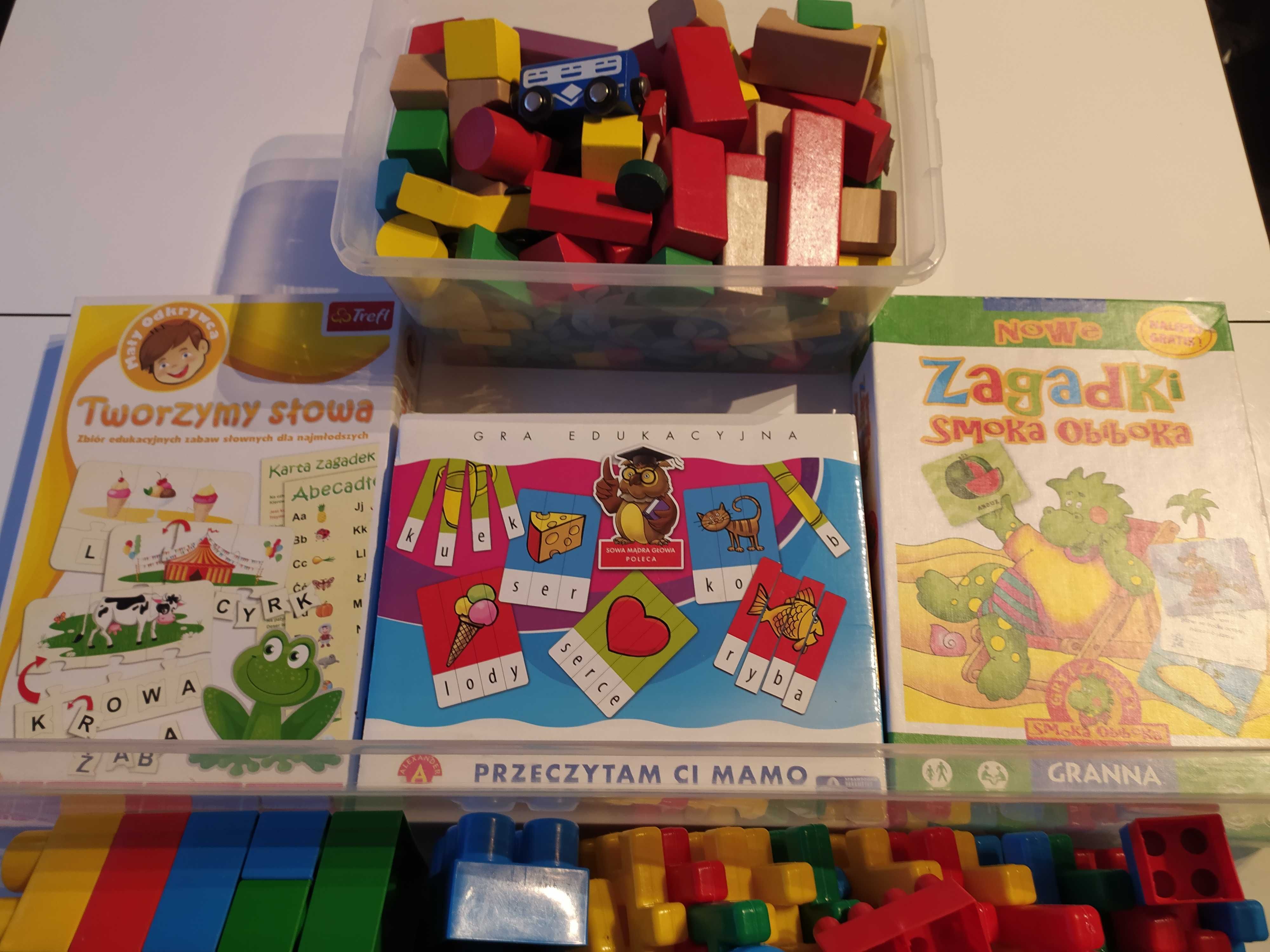 Zabawki-klocki drewniane i plastikowe + gry edukacyjne