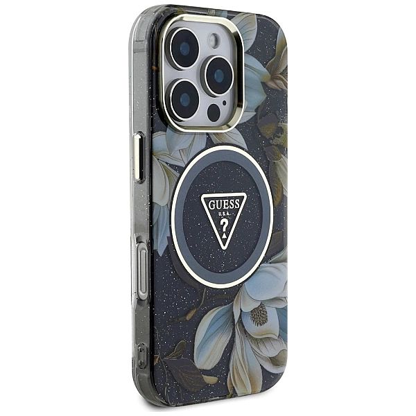 Etui Guess Glitter Flowers Triangle Buttons MagSafe do iPhone 16 Pro M