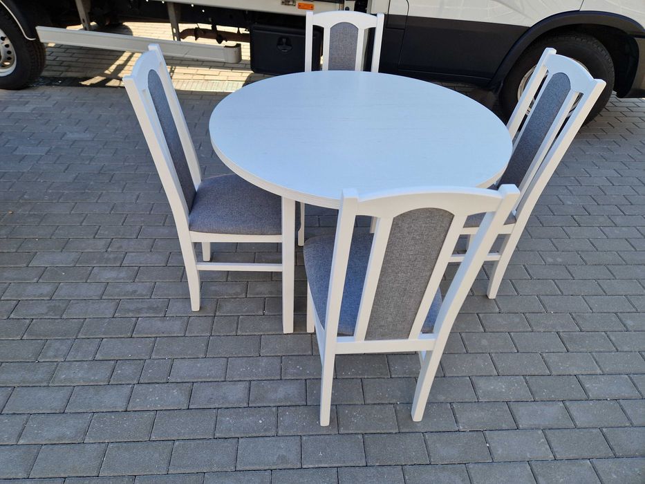 Nowe: Stół okrągły rozkładany + 4 krzesła , biały + szary , dostawa PL