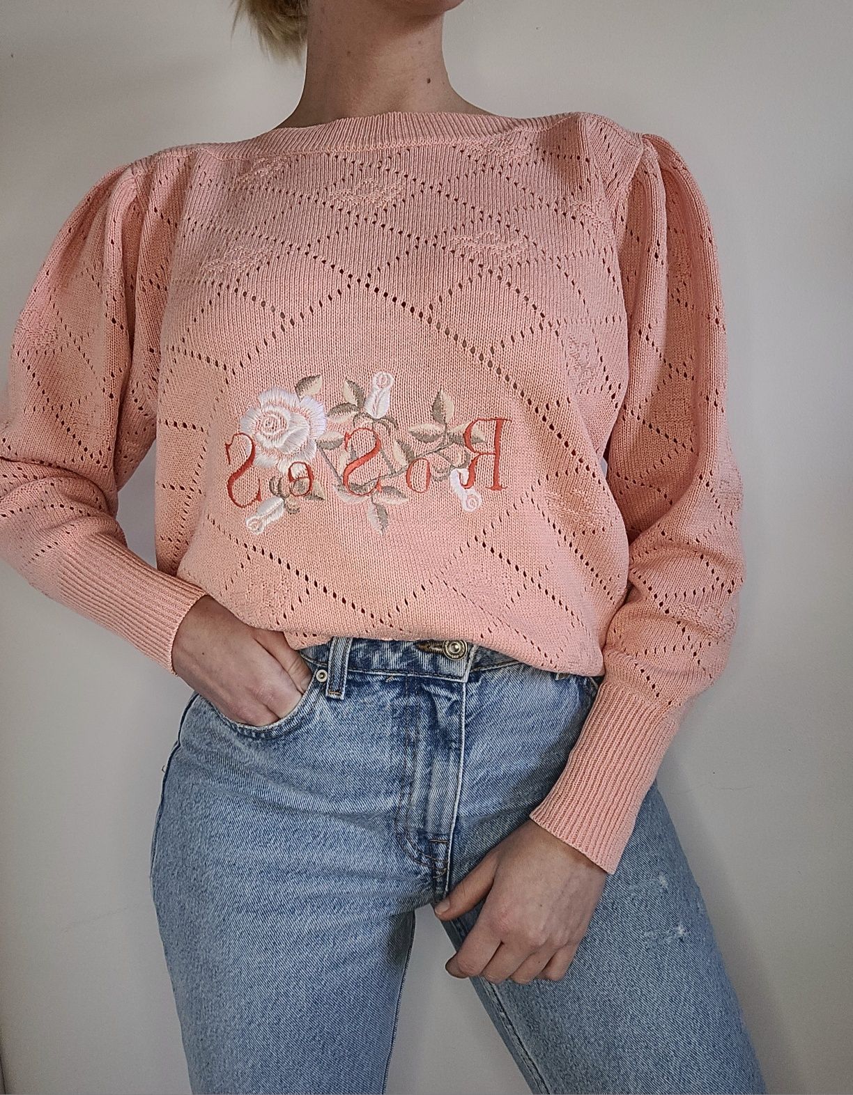 Uroczy ażurowy sweter oversize boho kwiaty hafty unikat vintage