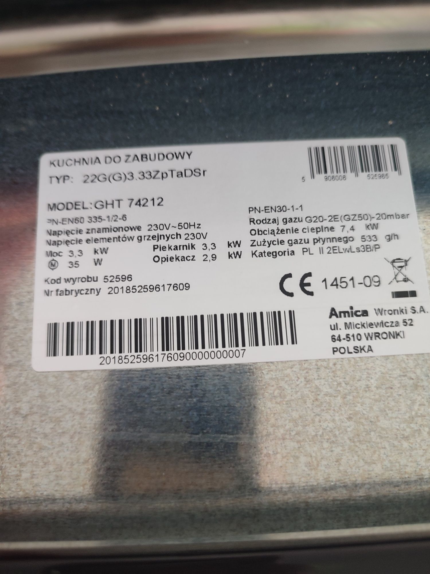 Kuchnia gazowa i piekarnik do zabudowy AMICA