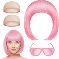 Różowa peruka włosy zestaw z okularami