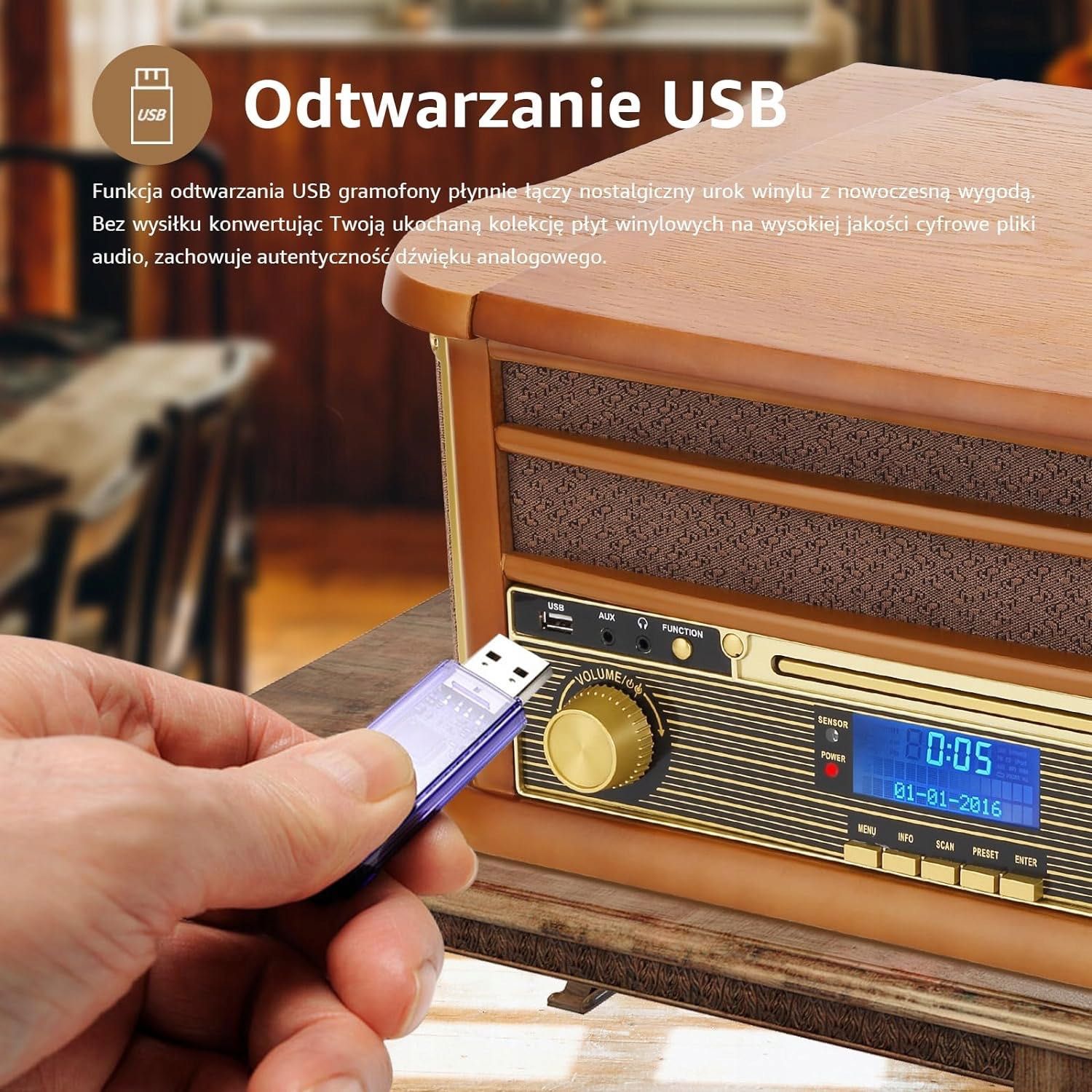 3-biegowy bezprzewodowy gramofon winylowy Bluetooth