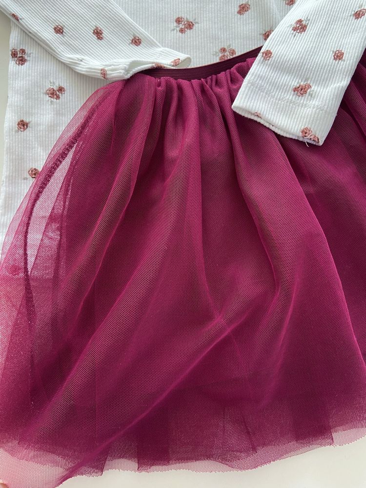 Zestaw bluzka prążek róże handmade spódniczka tiulowa różowa