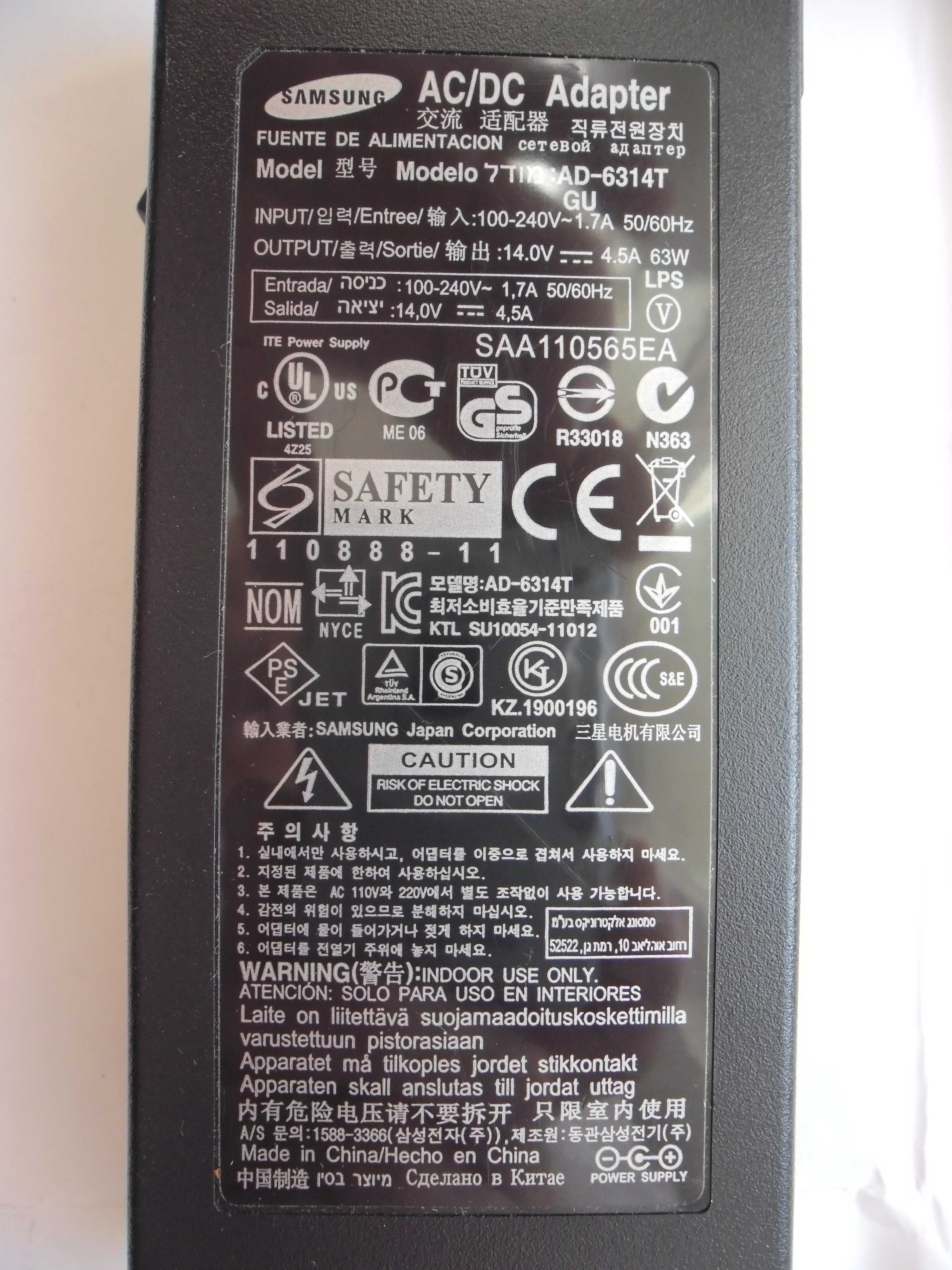 Zasilacz Adapter Samsung AD-6314T wtyk 6,5mm 4,4mm 14V 4,5A 63W