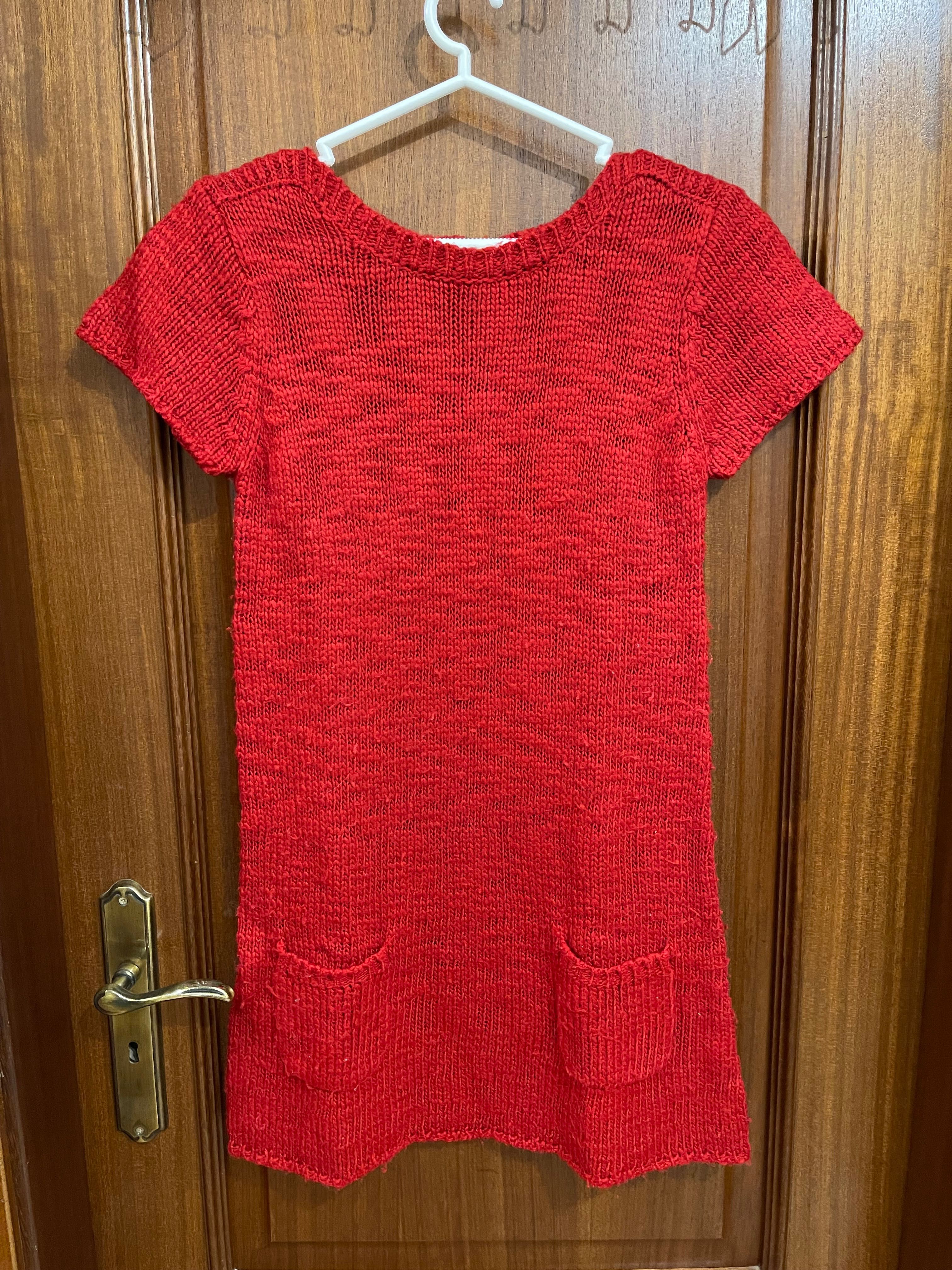 Camisola comprida/vestido de malha vermelha de manga curta