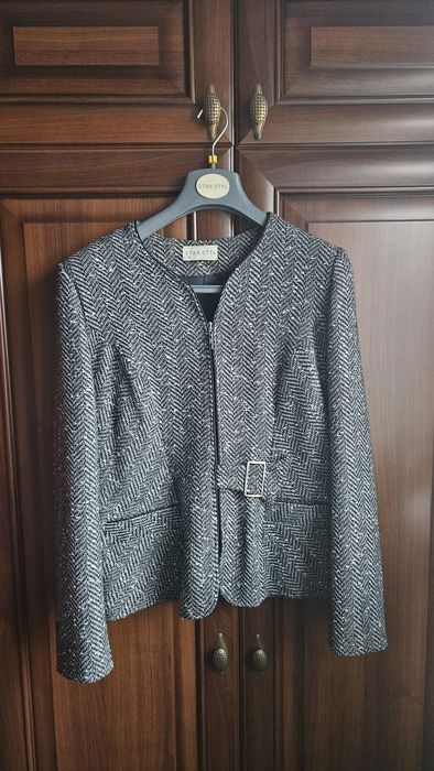 Popielaty, wełniany żakiet ze spodniami (marynarka), roz. 42