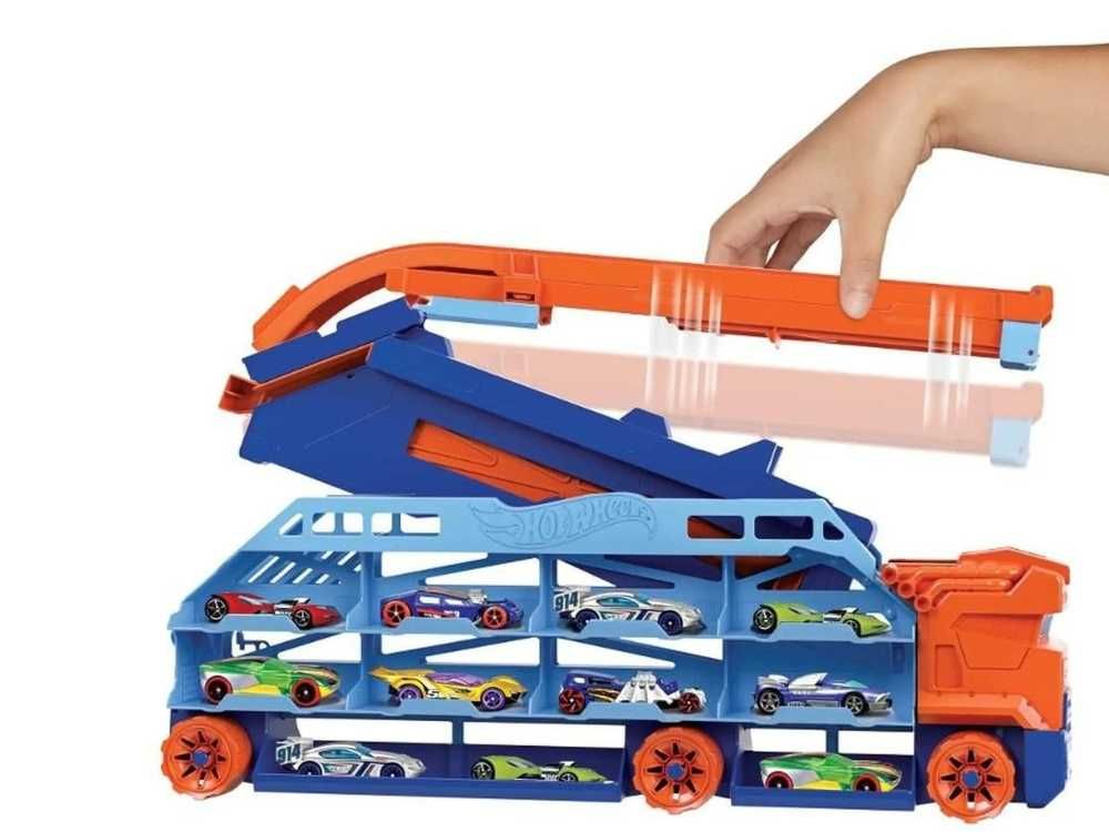 HOT WHEELS Transporter Epicki Zjazd ze Zjeżdżalnią 2w1 + Samochodziki