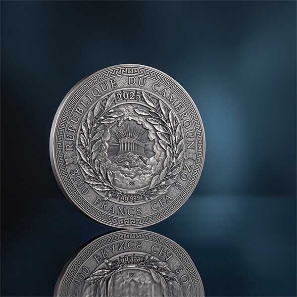 Срібна монета богиня Гестія. 3 унції 3000 франків  Камерун 2025