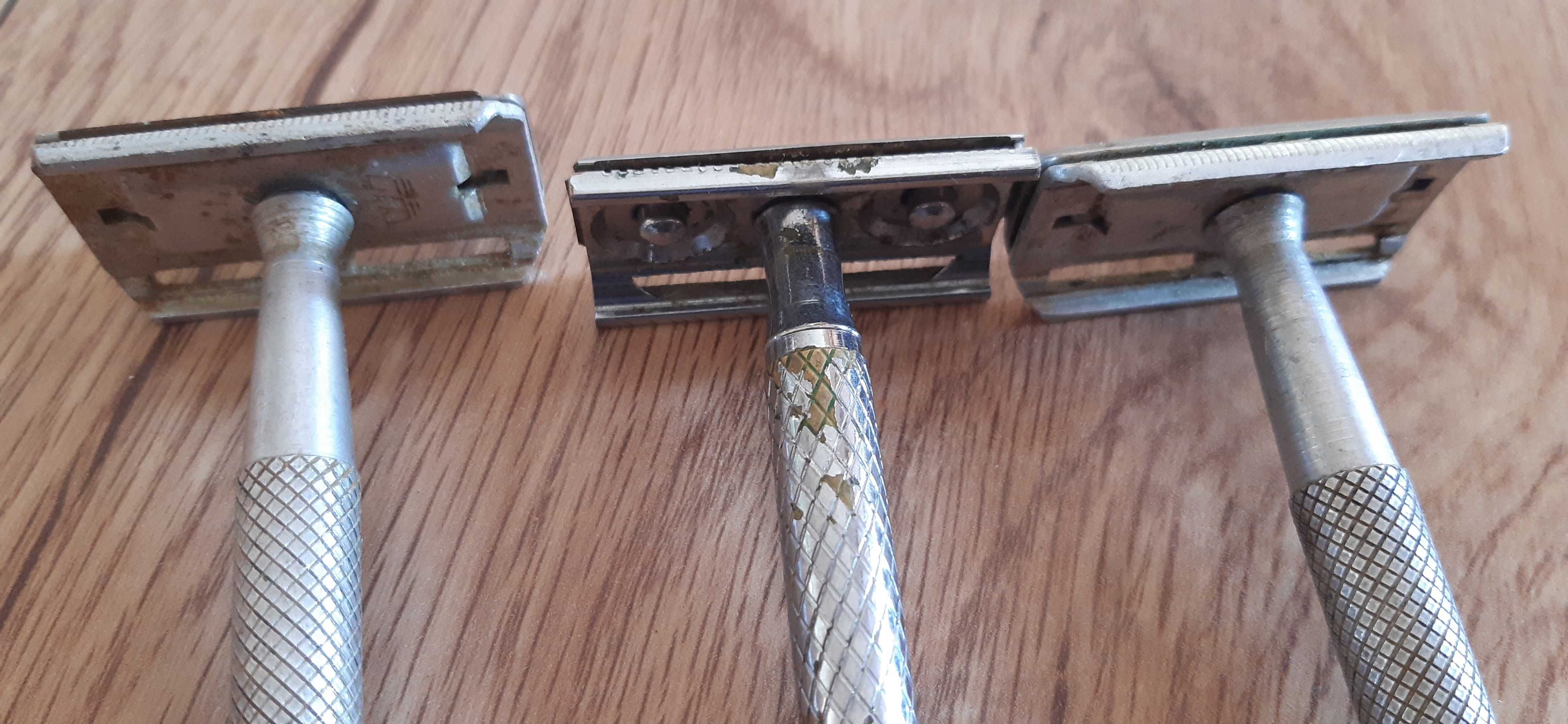 trzy metalowe golarki prl na żyletki
