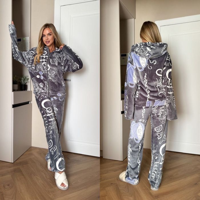 Женская махровая пижама турецкая кофта с капюшоном на молнии и штаны