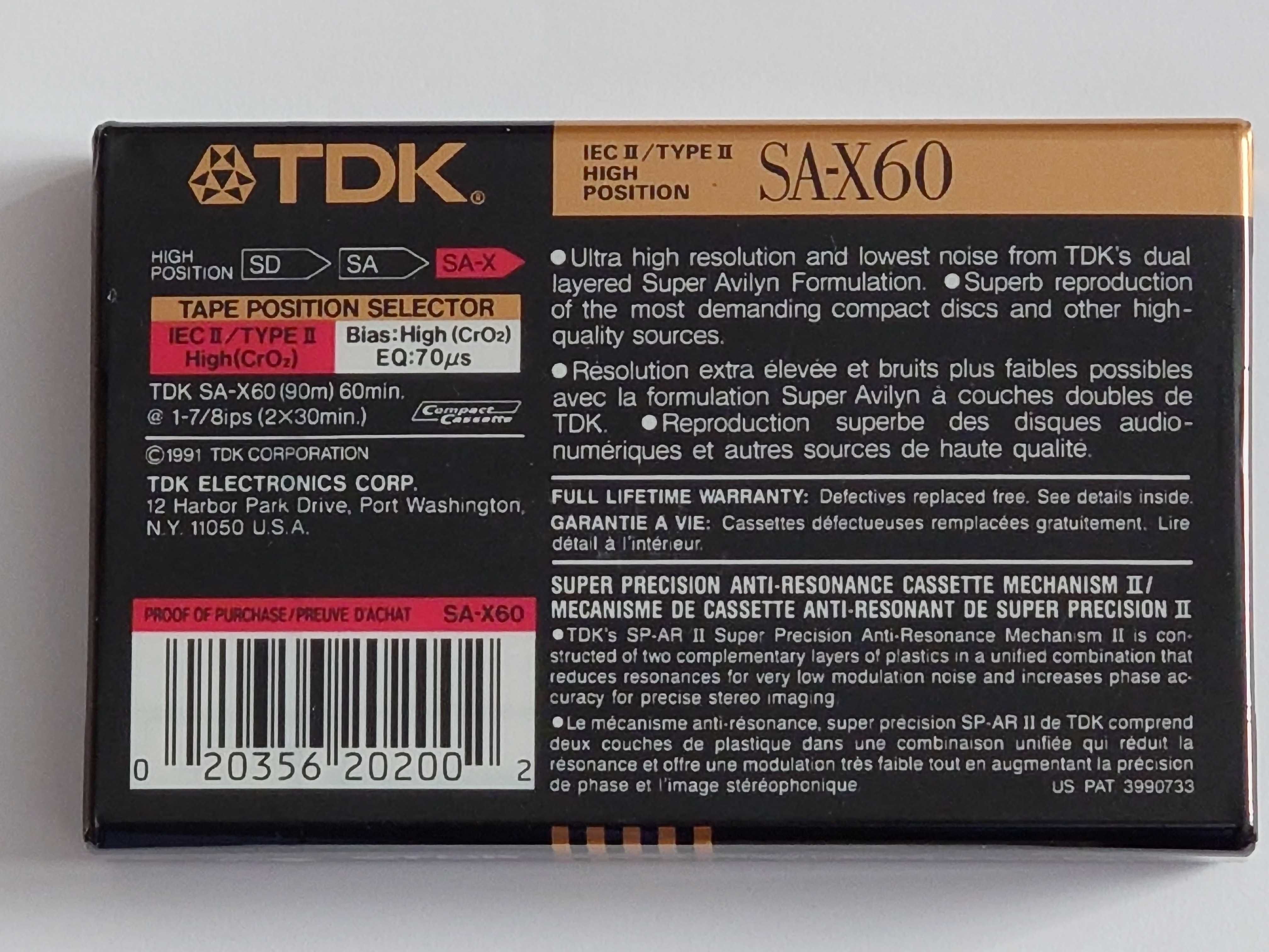 TDK SA-X 60 model na rok 1991 rynek Amerykański
