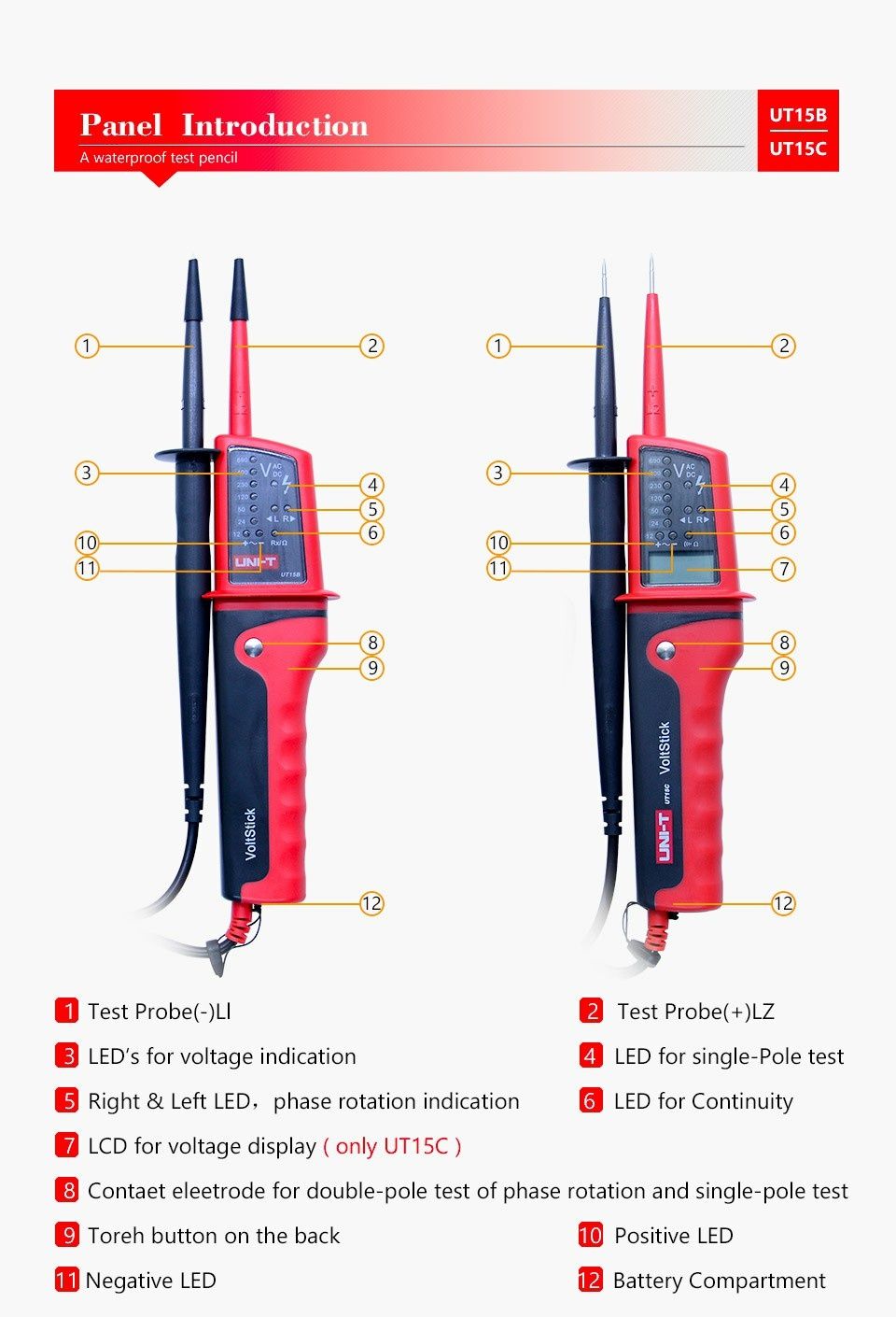 Прозвонка индикатор напряжения тестер UNI-T UT15B UT15C UT18C UT18D