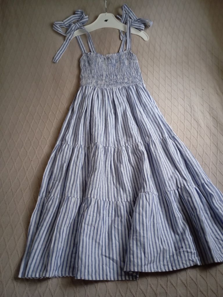 NEW LOOK linen blend naturalna długa sukienka midi w paski 36r.