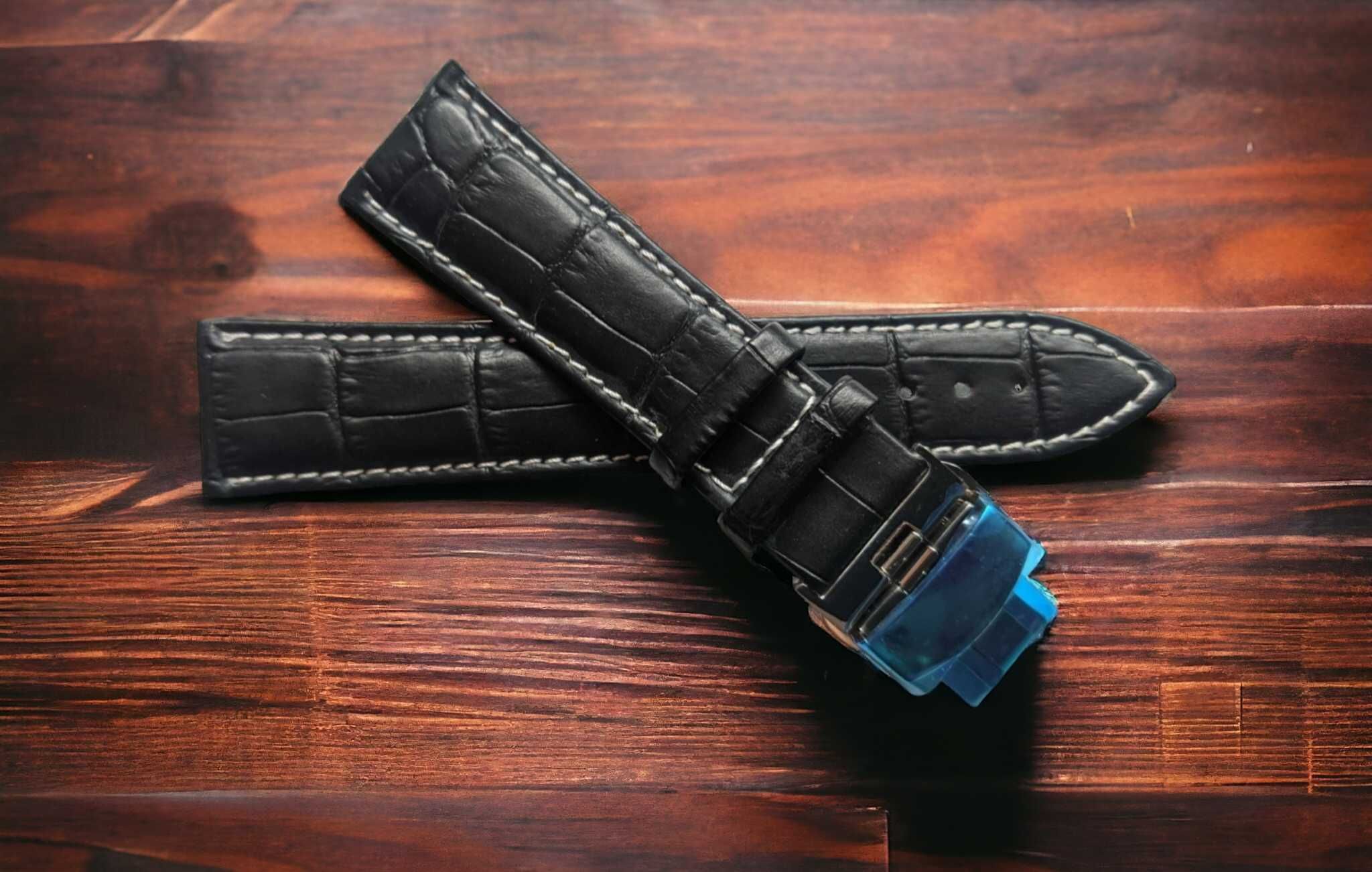 Pasek do zegarka AVIATOR 22 mm czarny biała nitka zapięcie motylkowe